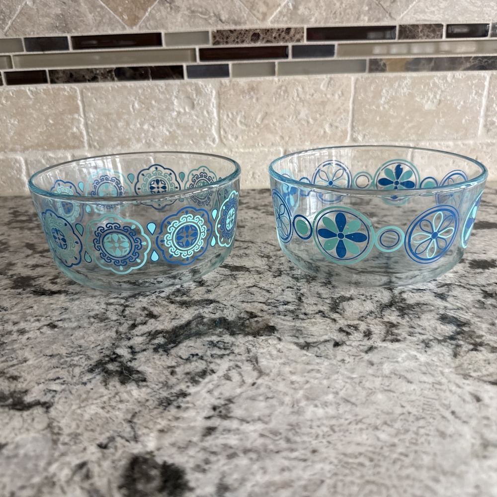 PAIR of PYREX Turquoise Blue Pinwheel & Medallion Design Bowl